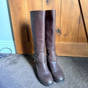 Brown Real Leather Boots Riding Boots 7.5 M Knee High Boots Women's Gold Details